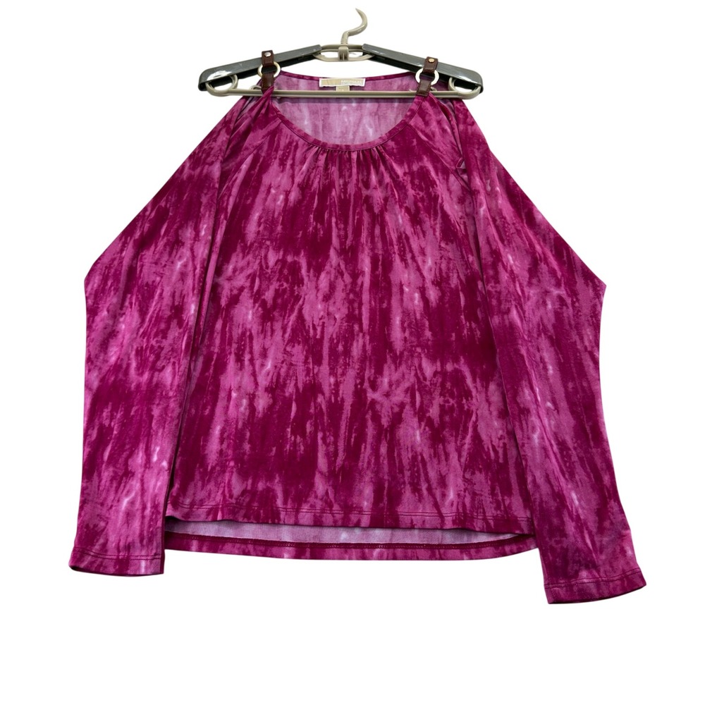 Michael Kors Top Womens S Pink Tie Dye Cold Shoulder Faux Leather Ring Detail
